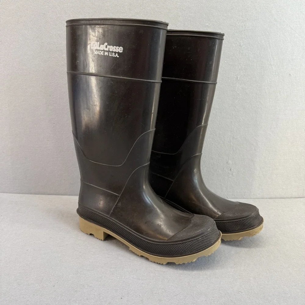 Vintage LaCrosse Rubber Boots Made in USA Black‎ Tan Sole Rain Barn Work Mens 8